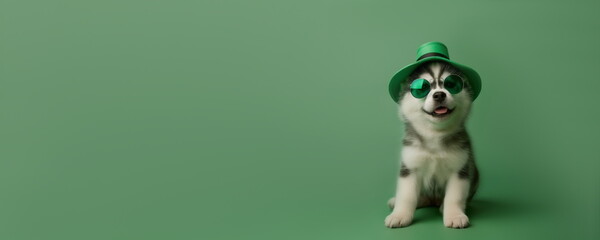 Happy husky puppy in a green hat and sunglasses on green background with copy space for text. Small husky dog in leprechaun hat. St Patrick Day themed animal photo for festive horizontal banner