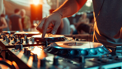 dj in action, close up of a dj at work, dj at the party, dj is mixing music at the party, dj deck close up