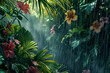 Fashion a mottled background inspired by the lush greenery and vibrant flowers of a tropical rainstorm, with raindrops enhancing the colors and textures of the plants