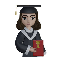 Graduate female student in black mantle holding a diploma 3d rendered icon
