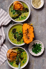 Wall Mural - Roasted broccoli soup with melted cheddar croutons.style hugge.selective focus