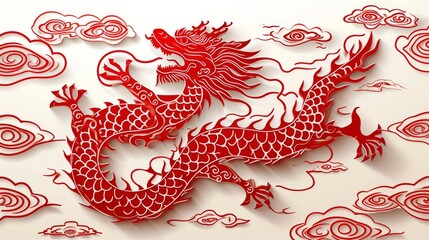 Wall Mural - Chinese dragon paper cut style on white background. Chinese New Year concept