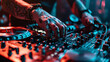 dj in action, close up of a dj at work, dj at the party, dj is mixing music at the party, dj deck close up