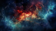 A cosmic tapestry of red and blue nebula clouds, this panoramic image captures the essence of the mysterious vastness of space