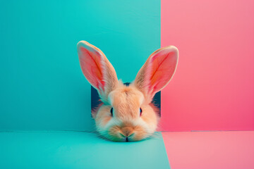 Poster - cute easter bunny poking out of a hole in a bright color wall. Happy easter background