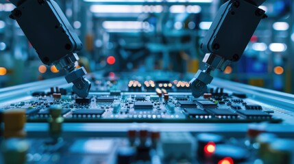 Poster - Automated PCB assembly line. Conveyor with robotic arms in electronics factory. Semiconductor manufacturing industry