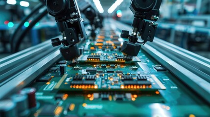 Fototapete - Printed circuit board assembly process. Conveyor with robotic arms in electronics factory. Semiconductor manufacturing industry