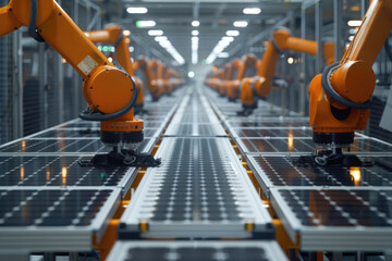 Fototapete - Industrial robotic arm on a production line in a modern solar panel factory