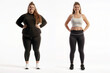 © Magryt - Woman posing before and after weight loss. Diet and healthy nutrition. Fitness results, get fit. Liposuction results, plastic surgery. Transformation from fat to athlete. Overweight and slim, training
