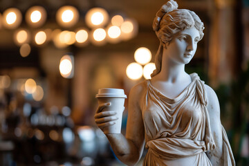 Female antique statue of Greek goddess holding a paper cup of coffee to go standing in a modern cafe. Coffee lover, caffeine addiction, morning routine. Enjoying a cup of coffee, contemporary art