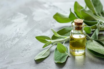 Sticker - Essential sage oil bottle and leaves displayed on light grey table Room for text