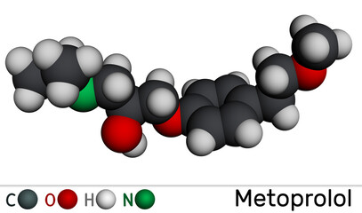 Poster - Metoprolol drug molecule. It is used in the treatment of hypertension and angina pectoris. Molecular model. 3D rendering