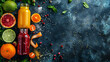 Fresh natural colorful, organic, juices over ingredients background