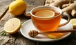 Ginger tea with honey and lemon on table