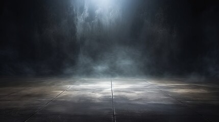 Poster - Studio Dark Room Background with Concrete Floor Texture, Spot Lighting, and Mist