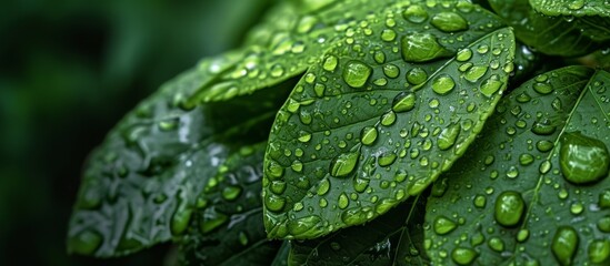 Wall Mural - Macro close up of water droplets glistening on lush green leaf in nature