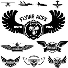 Set of flying club labels and emblems. Planes icons. Avia club emblems. Aeroplane trips. Aviators club logo. Design elements in vector.