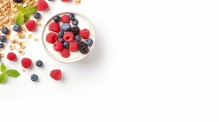 Wall Mural - A bowl of granola accompanied by yogurt and berries isolated on a white background, viewed from the top.