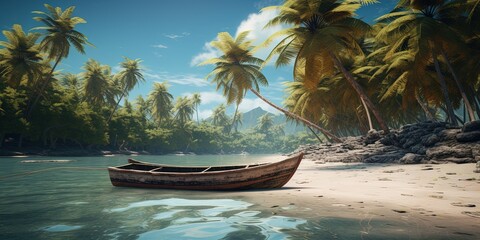 Wall Mural - A serene view of a brown and white canoe floating on shallow waters near a tropical beach lined with palms