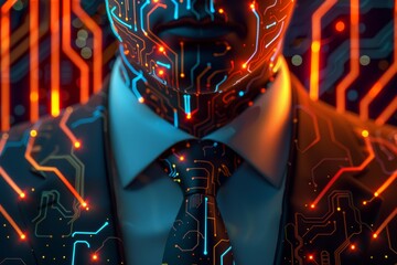 Wall Mural - businessman on abstract circuit background with copy space. Computing and engineering concept. Double exposure
