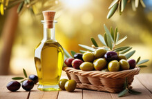 Olive Tree Branch, Small Bottle Of Olive Oil, Fresh Olives In A Wicker Basket On A Wooden Table, Olive Plantations On The Background, Sunny Day