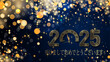 ゴールドで新年あけましておめでとうございます 2025 を願うカードまたはバナー、0 は、ボケ効果の金色の星と円を持つ濃い青のグラデーション背景に時計です