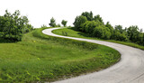 Fototapeta Miasto - Serpentine forest road with lush greenery on transparent background - stock png.