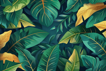  Tropical leaves background with palm and monsterra leaves.
