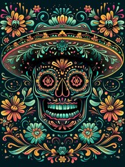 cinco de mayo themed illustration of a black sugar skull made of illustrated flowers, in sombrero