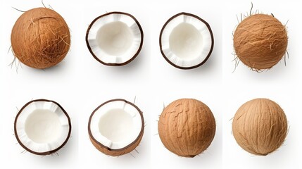Assorted coconut pieces including whole and sliced coconut arranged on a white background, viewed from above.