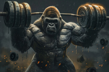 Sticker - A gorilla is lifting a barbell. The image has a strong, muscular feel to it, and the gorilla's pose suggests that it is in the middle of a workout.