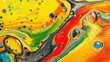 Vibrant Abstract Macro Photography of Colorful Oil and Water Mixture with Swirling Patterns and Bubbles