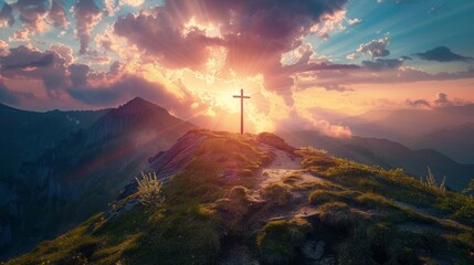 Wall Mural - Wooden Cross on top of a mountain . Easter concept, AI Generative