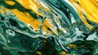 A close-up of an abstract painting with swirling green, yellow, and white paint. The surface is smooth and textured, creating a sense of movement and vibrancy.