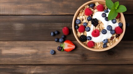 Wall Mural - Homemade granola accompanied by yogurt and fresh berries, served in a bowl on a wooden background, viewed from above.