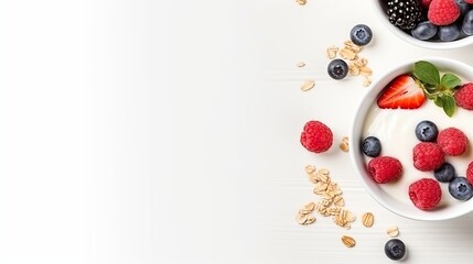 Wall Mural - Overhead view of a delicious breakfast featuring granola, berries, and milk.