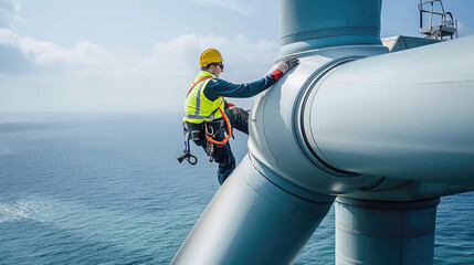 worker on top of wind turbine in sea, engineer performs maintenance of windmill in ocean, man works 