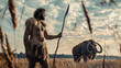 Neanderthal man and woolly mammoth at sunset, primitive human holding spear hunts animals, caveman of prehistoric era outdoor. Concept of ancient people, Stone Age and hunter.