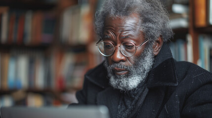 Elderly African American Man Working in Home Office