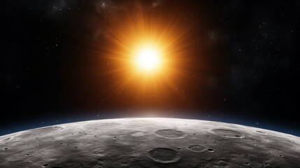 Wall Mural - bright sun shines over the moon surface in the deep bright of space background. high quality photo