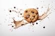 A dynamic scene of a chocolate chip cookie mid-air, creating a splash in milk against a white background. Concept for delicious snack advertisements or creative food photography.