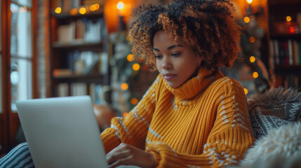 Wall Mural - Black Woman Working in Home Office Typing on Laptop