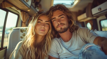 Canvas Print - A man and a woman sitting in a van