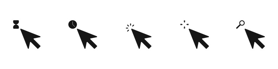 Sticker - Cursor vector icon set. Set of black arrows. Computer cursor vector. Arrow with clock and hourglass vector. Click the cursor.