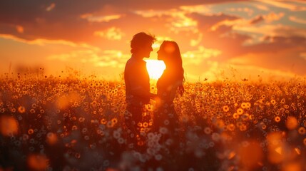 Wall Mural - Two people standing in a field of flowers at sunset