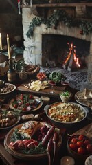 Canvas Print - A table filled with lots of food next to a fire place