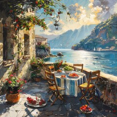 Wall Mural - A painting of a table and chairs on a patio