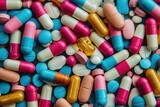Fototapeta Przestrzenne - a pile of colorful pills of various shapes and sizes. The pills are scattered and some are stacked on top of each other.  They appear to be medication capsules and tablets.