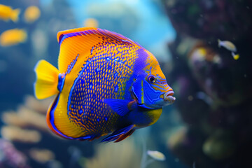 Wall Mural - A colorful fish swimming in a coral reef. The fish is bright blue and yellow with red markings. The scene is peaceful and serene, with the fish swimming gracefully through the water