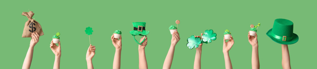 Collage of female hands holding sweet cupcakes and symbols of St. Patrick's Day on green background